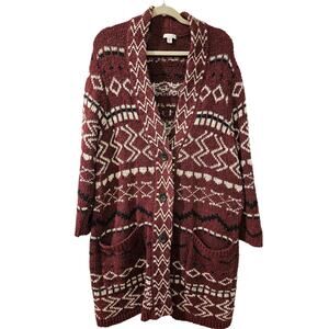 J Jill Cardigan Sweater Port Multi Jacquard Cozy Aztec burgandy size 2X